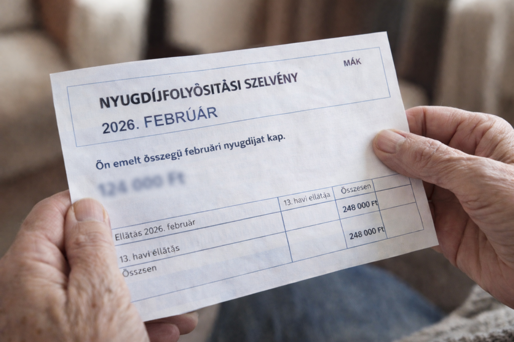 Idős nyugdíjas keze nyugdíjfolyósítási szelvényt tart, a kifizetés összege elmosódva látható