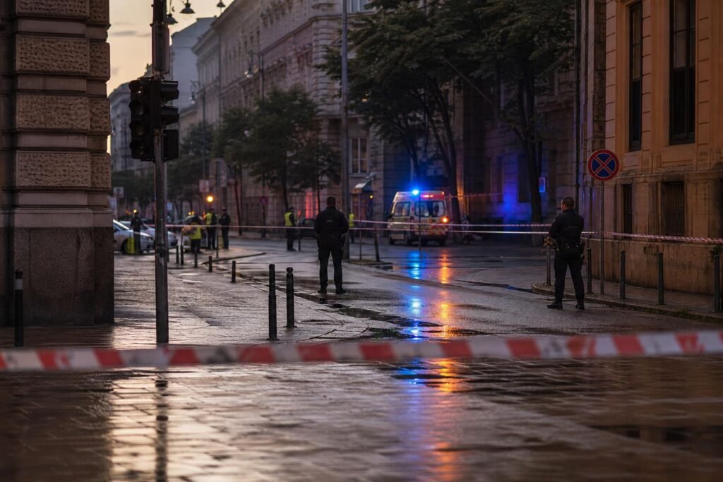 Rendőrségi helyszínelés egy debreceni belvárosi utcán egy késelés után