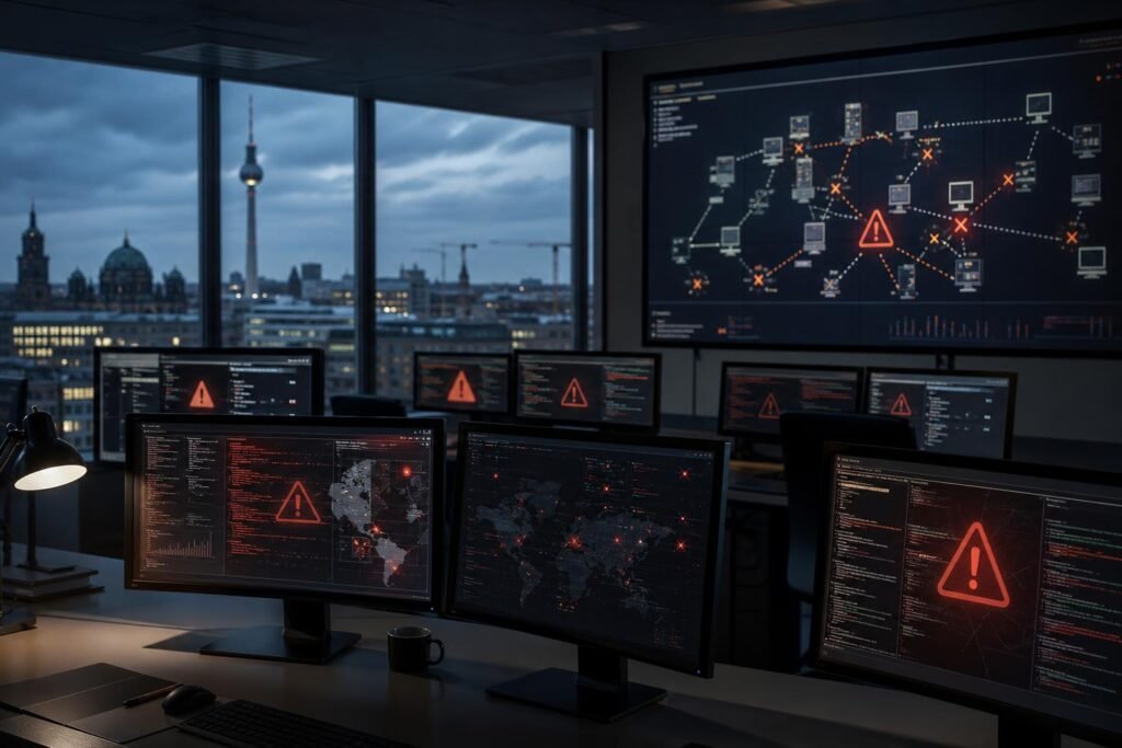 Kibertámadást jelző képernyők egy közigazgatási informatikai központban