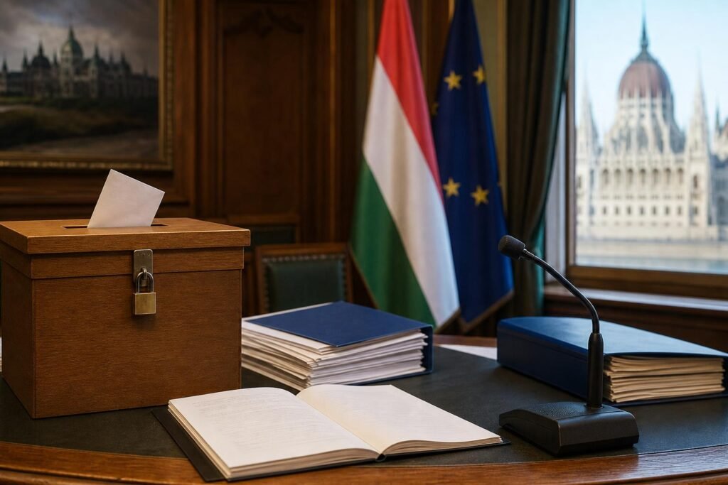 Parlamenti dokumentumok és szavazóurna egy politikai döntésről szóló hírilusztrációban