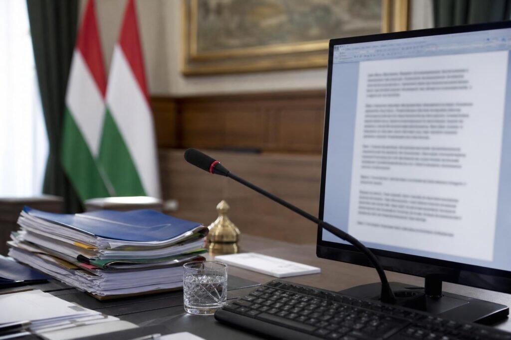 Parlamenti dokumentumok és mikrofon egy politikai nyilatkozatot jelképező hírilusztráción