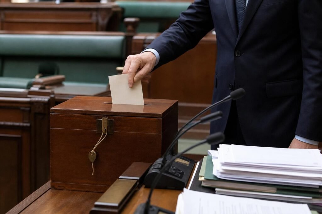 Titkos parlamenti szavazás urnával és hivatalos dokumentumokkal