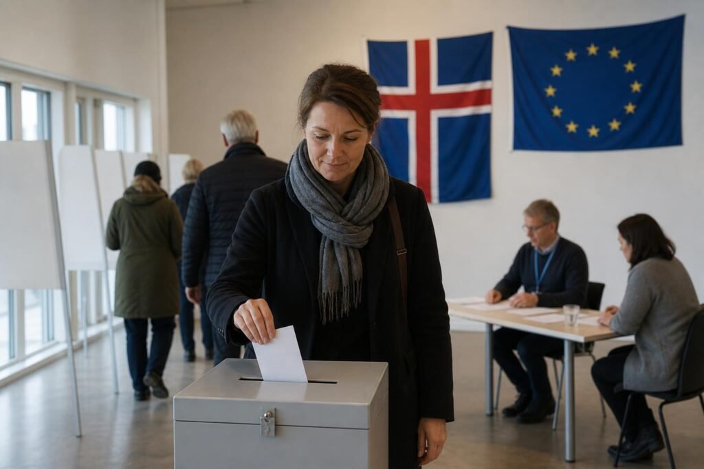 Izlandi választók egy népszavazási szavazóhelyiségben
