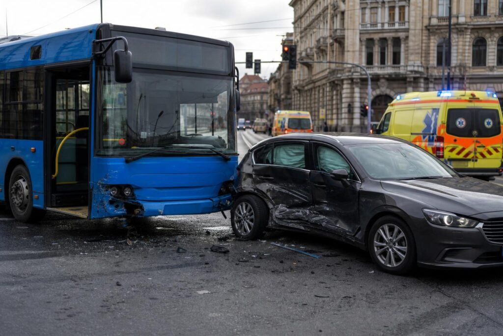 Busz és autó ütközésének semleges hírilusztrációja egy budapesti útkereszteződésben