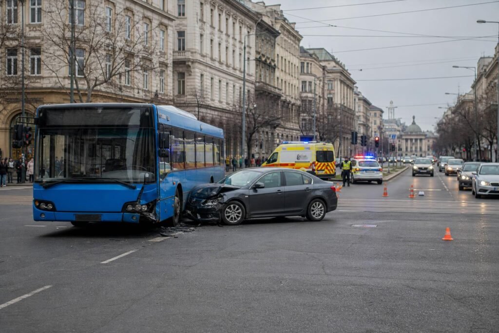Busz és személyautó ütközésének semleges hírilusztrációja az Astoriánál