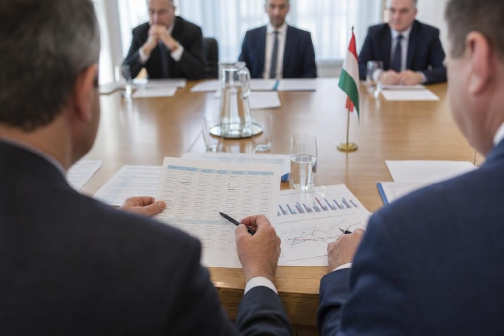 Bértárgyalásokat jelképező egyeztetés gazdasági adatokkal és dokumentumokkal