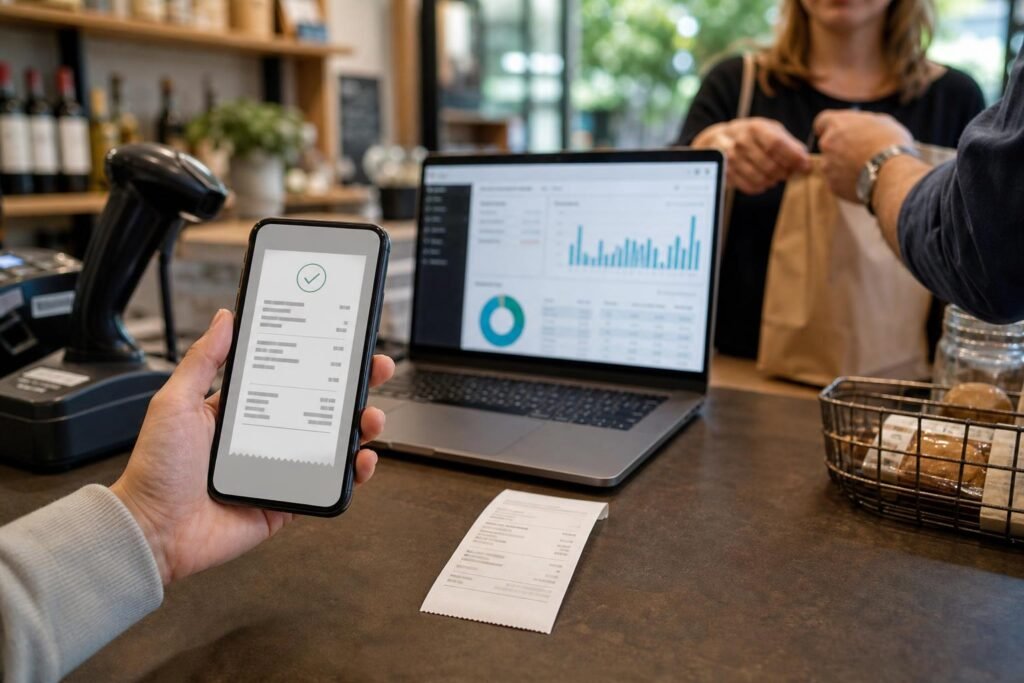 Digitális és papíralapú nyugták egy üzleti pulton