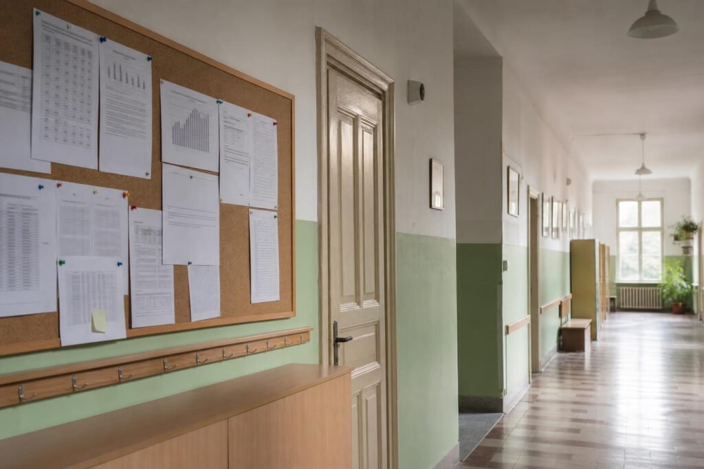 Üres iskolai folyosó a tanévkezdés előtti bérvita idején