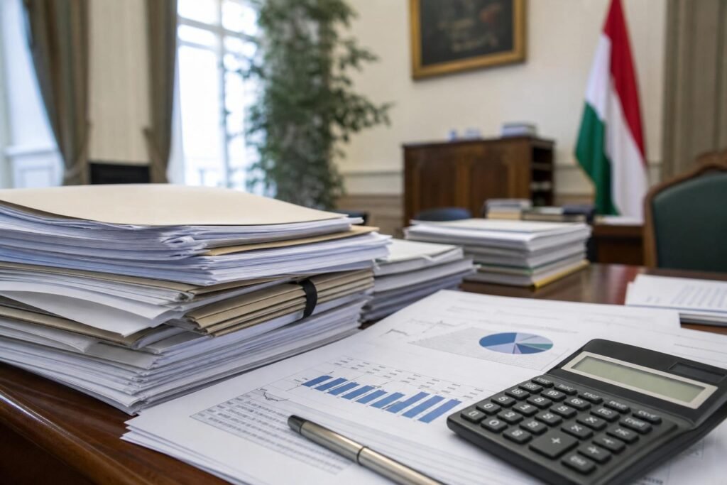 Hivatalos dokumentumok és számológép egy szociálpolitikai bejelentés illusztrációjaként