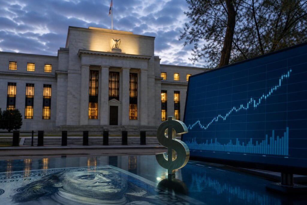 A Federal Reserve washingtoni székháza és emelkedő piaci grafikonok