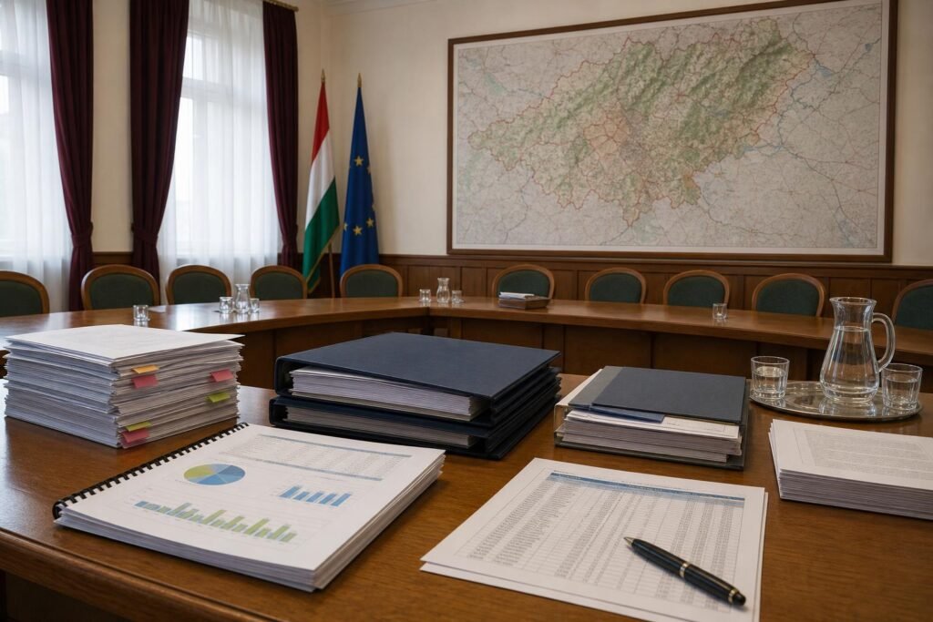 Önkormányzati dokumentumok és térkép egy városházi tárgyalóban