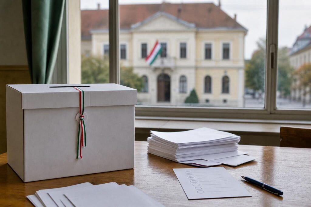 Szavazóurna és választási dokumentumok egy magyarországi polgármester-választás illusztrációján