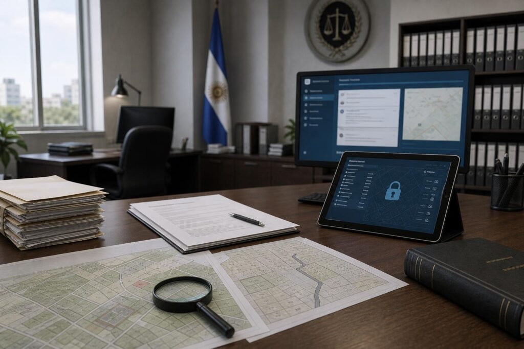 Hivatalos iratok és digitális ingatlan-nyilvántartási felület egy kormányzati irodában