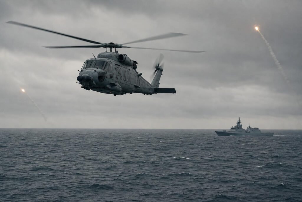 Katonai helikopter és hadihajó a Balti-tenger felett, jelzőrakétákkal az égbolton
