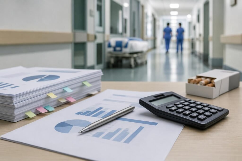 Egészségügyi finanszírozást jelképező dokumentumok és kórházi háttér a dohányadó emeléséről szóló hírhez