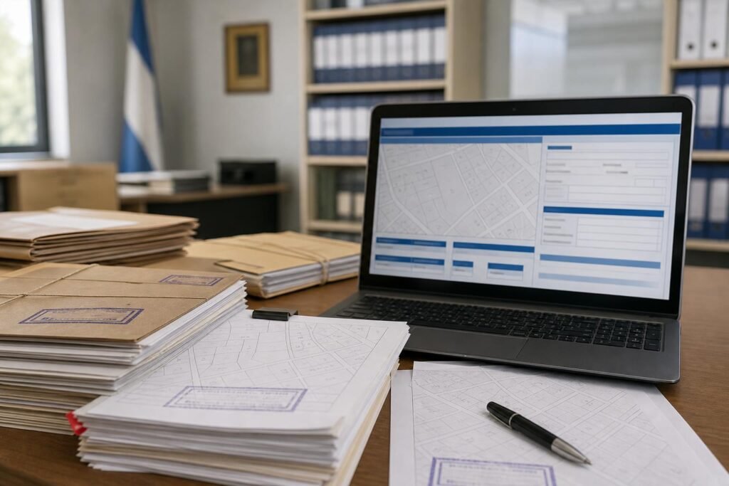 Elektronikus ingatlan-nyilvántartási dokumentumok egy hivatali asztalon