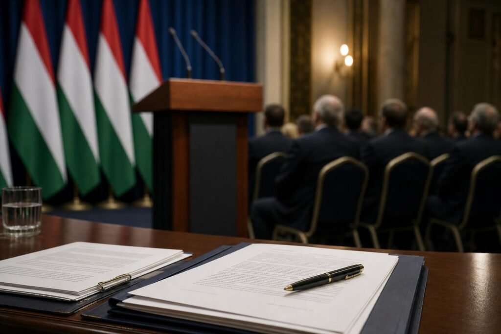 Politikai beszédet idéző semleges hírilusztráció mikrofonnal és szerződésekkel