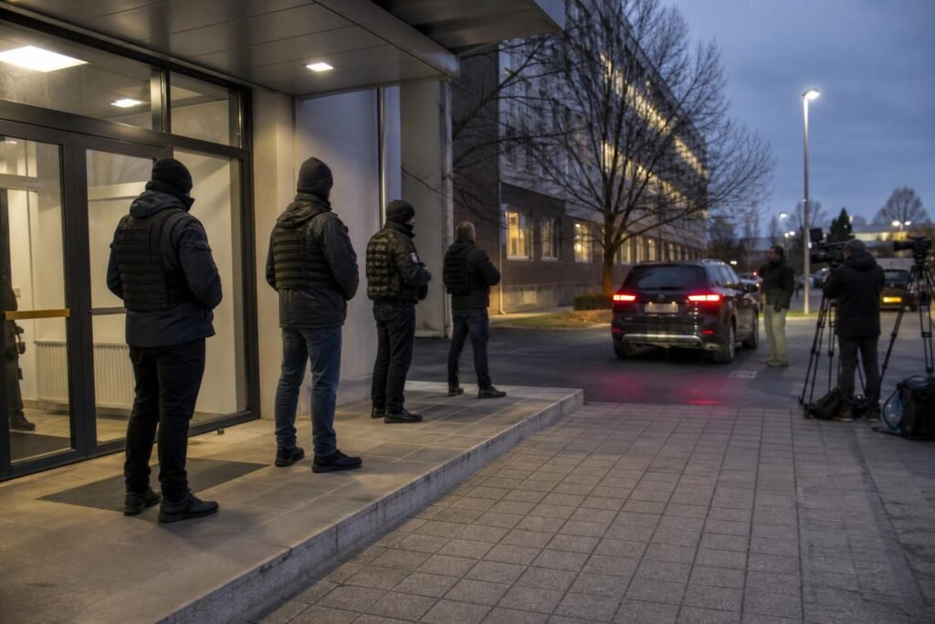 NAV-épület előtt várakozó biztonságiak és újságírók egy esti híradós jelenetben