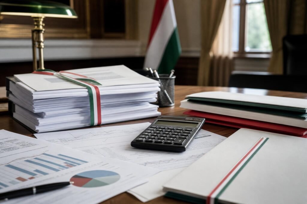 Magyar költségvetési dokumentumok és gazdasági grafikonok egy hírszerkesztőségi asztalon