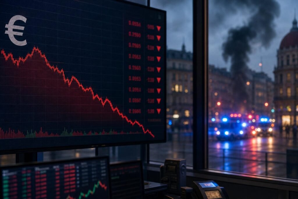 Eső euróárfolyamot jelző devizapiaci kijelző európai zavargások hátterével