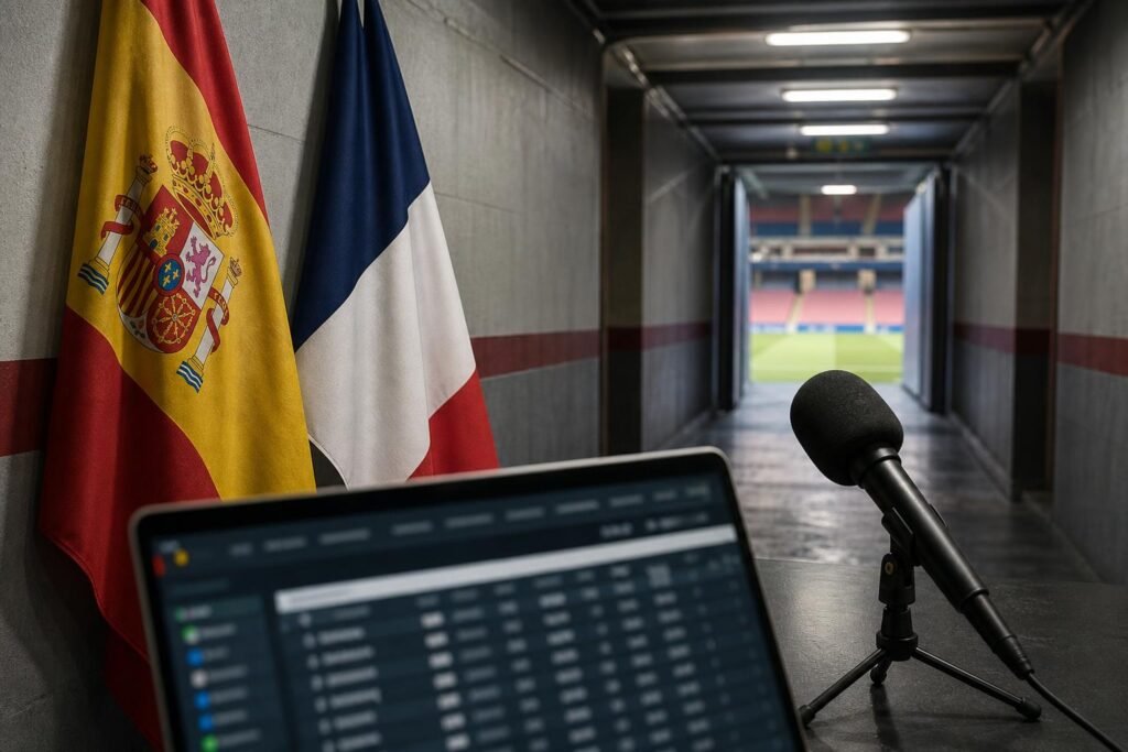 Semleges hírilusztráció futballstadionnal, sajtómikrofonnal és digitális adatbázissal