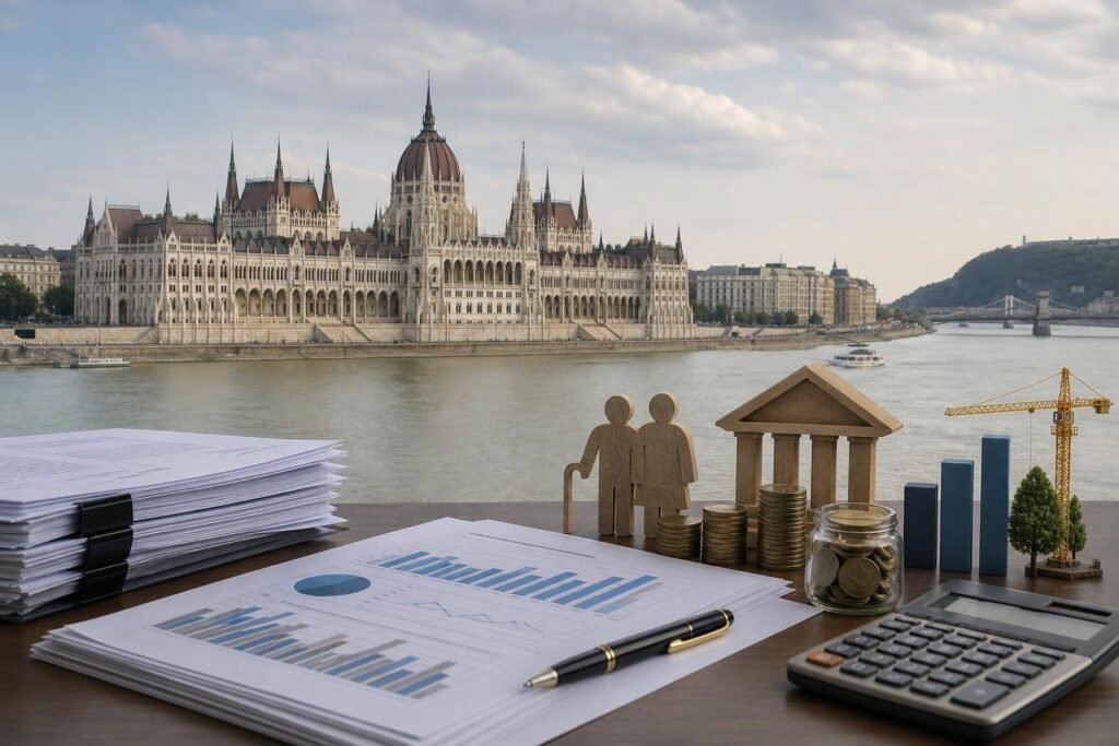 A Parlament épülete költségvetési dokumentumokkal és számológéppel