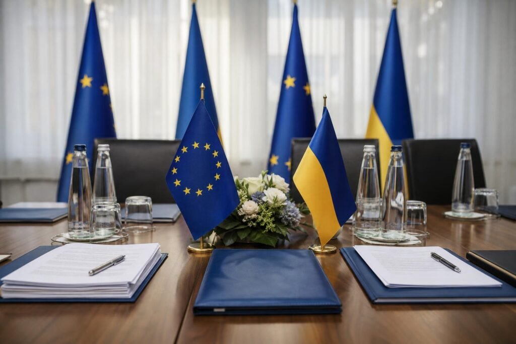 EU-s tárgyalóasztal dokumentumokkal és uniós zászlókkal