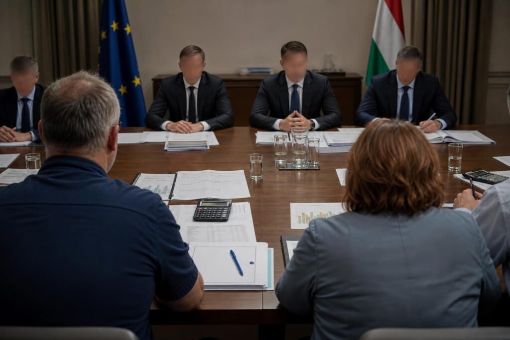 Bértárgyalás dokumentumokkal és számításokkal egy tárgyalóasztalon