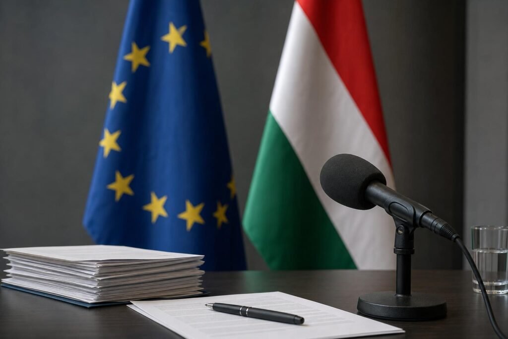 Uniós és magyar zászló hivatalos dokumentumokkal és sajtómikrofonnal