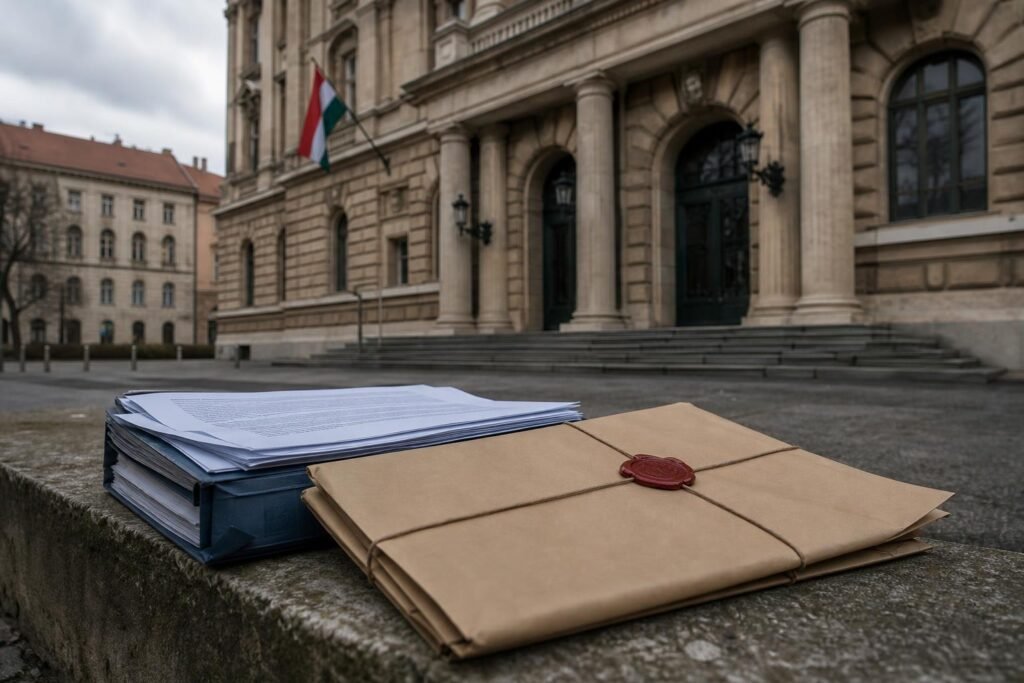 Bírósági épület és nyomozati iratok egy letartóztatási ügy illusztrációjaként