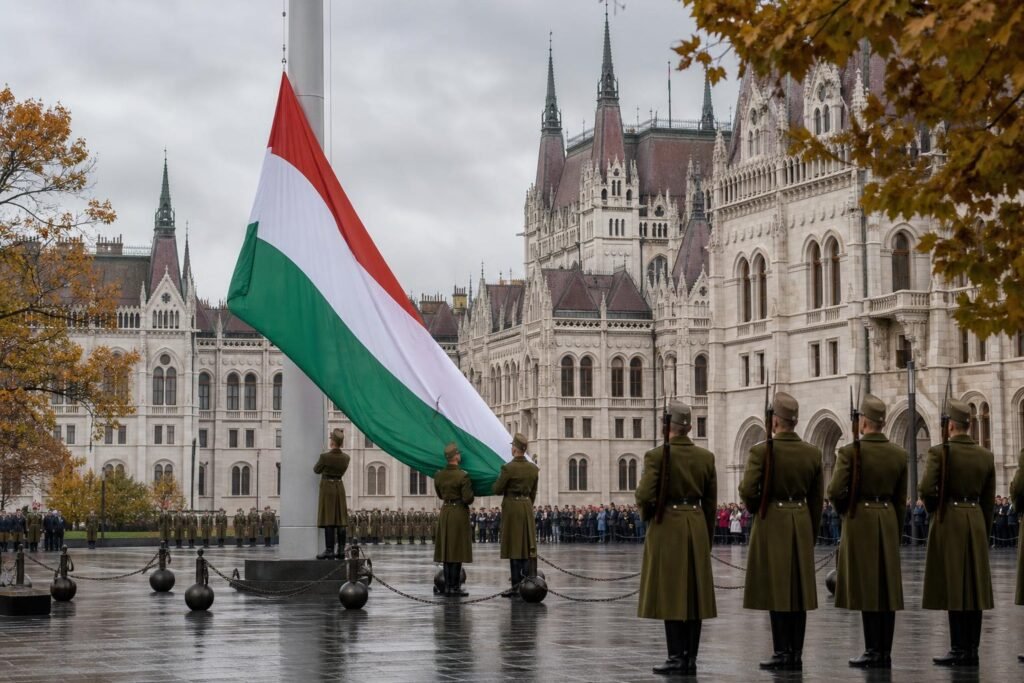 A nemzeti lobogó felvonása a Kossuth téren az 1956-os forradalom évfordulóján