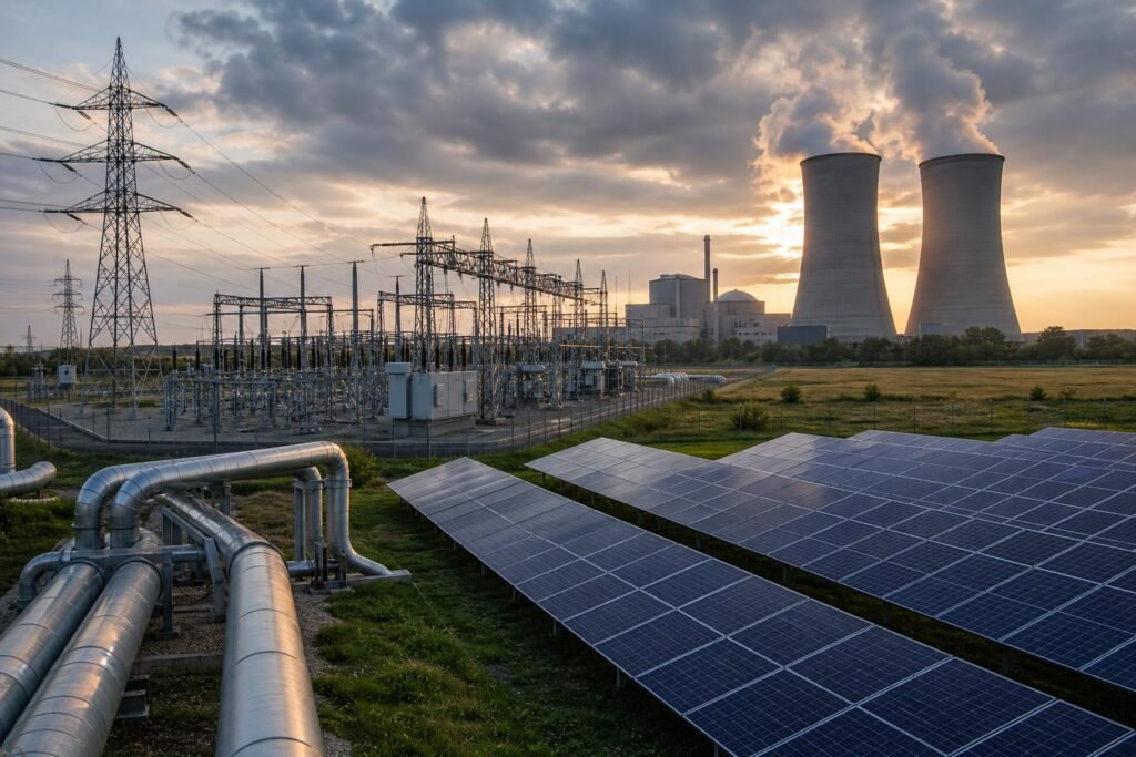 Magyarországi energia-infrastruktúra napelemekkel, gázvezetékekkel és erőművi hűtőtornyokkal