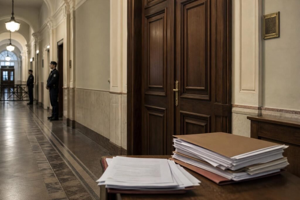 Bírósági folyosó és iratok egy korrupciós ügyeket bemutató hírilusztrációban
