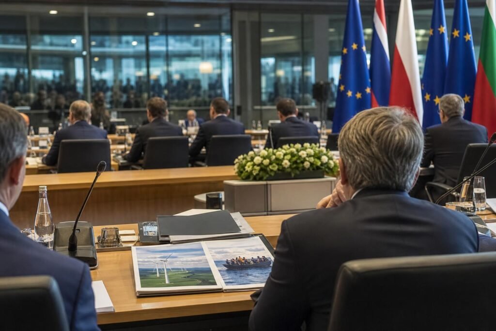 Uniós csúcstalálkozó tárgyalóterme európai zászlókkal és dokumentumokkal