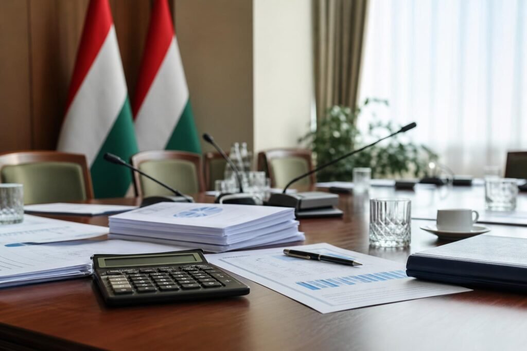 Költségvetési dokumentumok és mikrofonok egy kormányzati egyeztetésen
