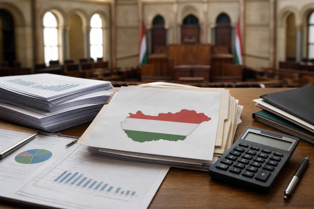 Adópolitikai dokumentumok és számológép egy hivatalos asztalon