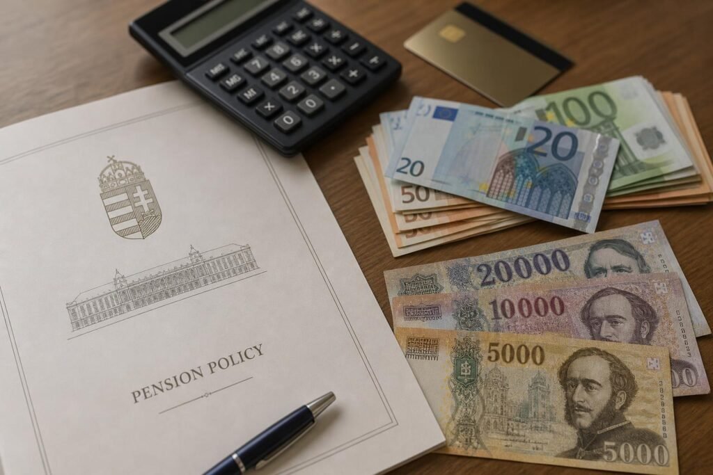 Nyugdíjpolitikai dokumentum és fizetési kártya egy asztalon