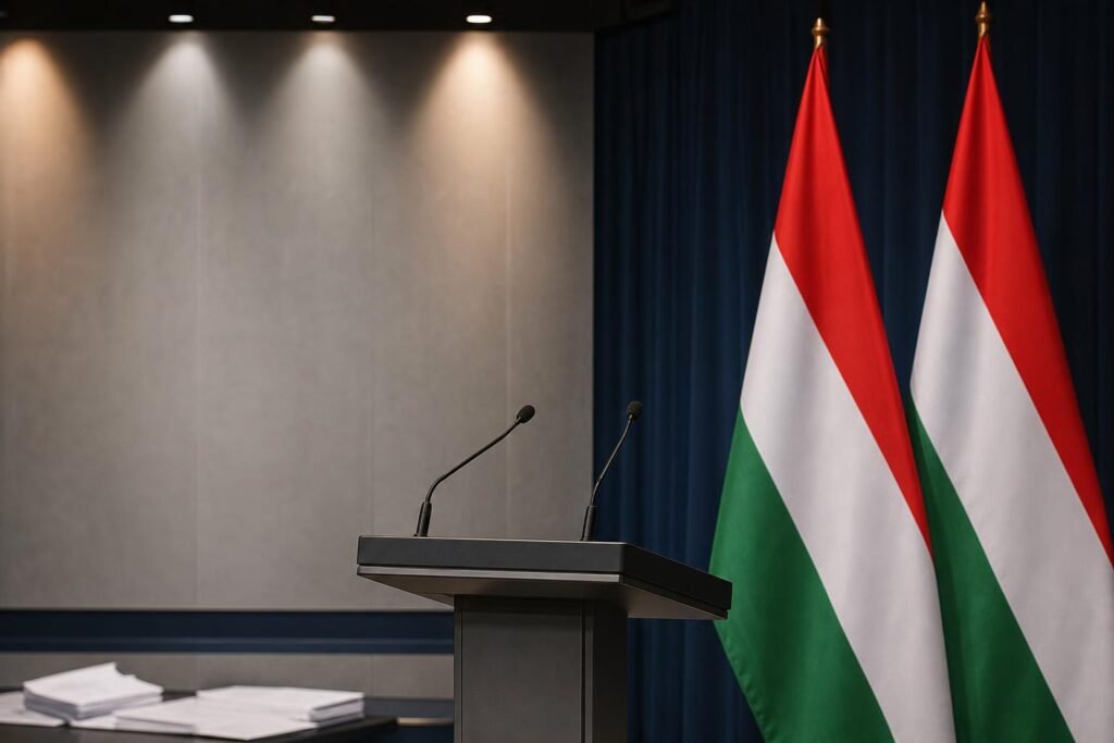 Üres politikai stúdió két mikrofonnal és magyar zászlókkal