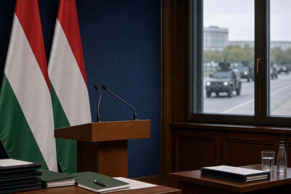 Üres sajtóterem dokumentumokkal és háttérben elmosódó pénzszállító járművekkel