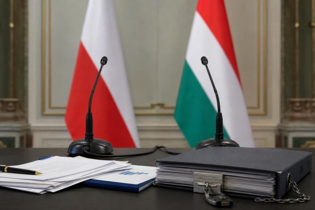 Diplomáciai sajtóterem iratokkal és mikrofonokkal