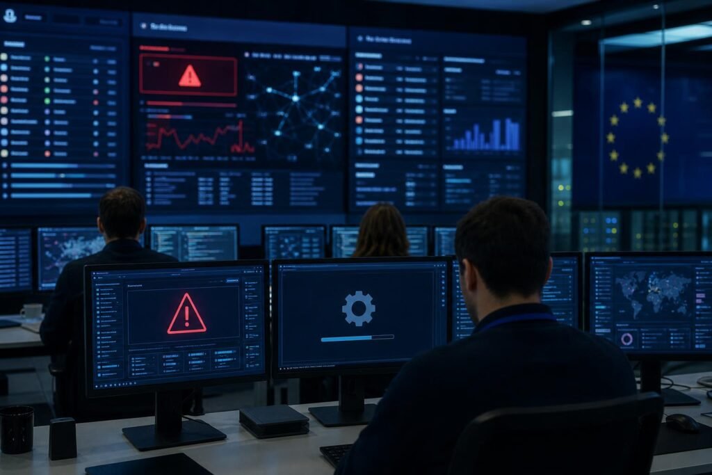 Leállított online ügyintézési portál és kiberbiztonsági riasztásokat mutató monitorok