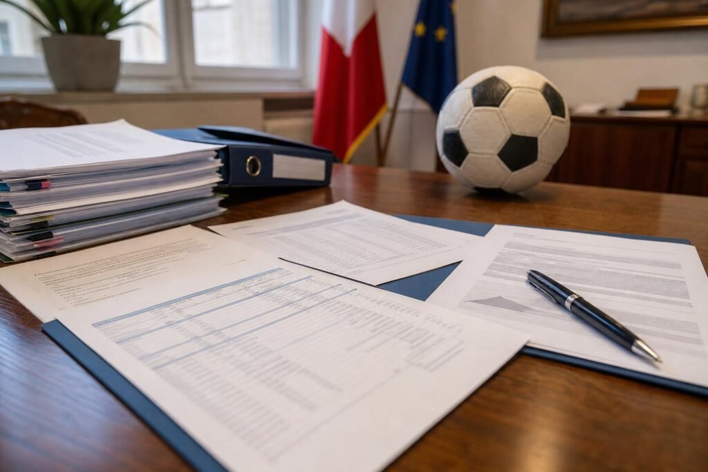 Támogatási dokumentumok és futball-labda egy hivatalos asztalon
